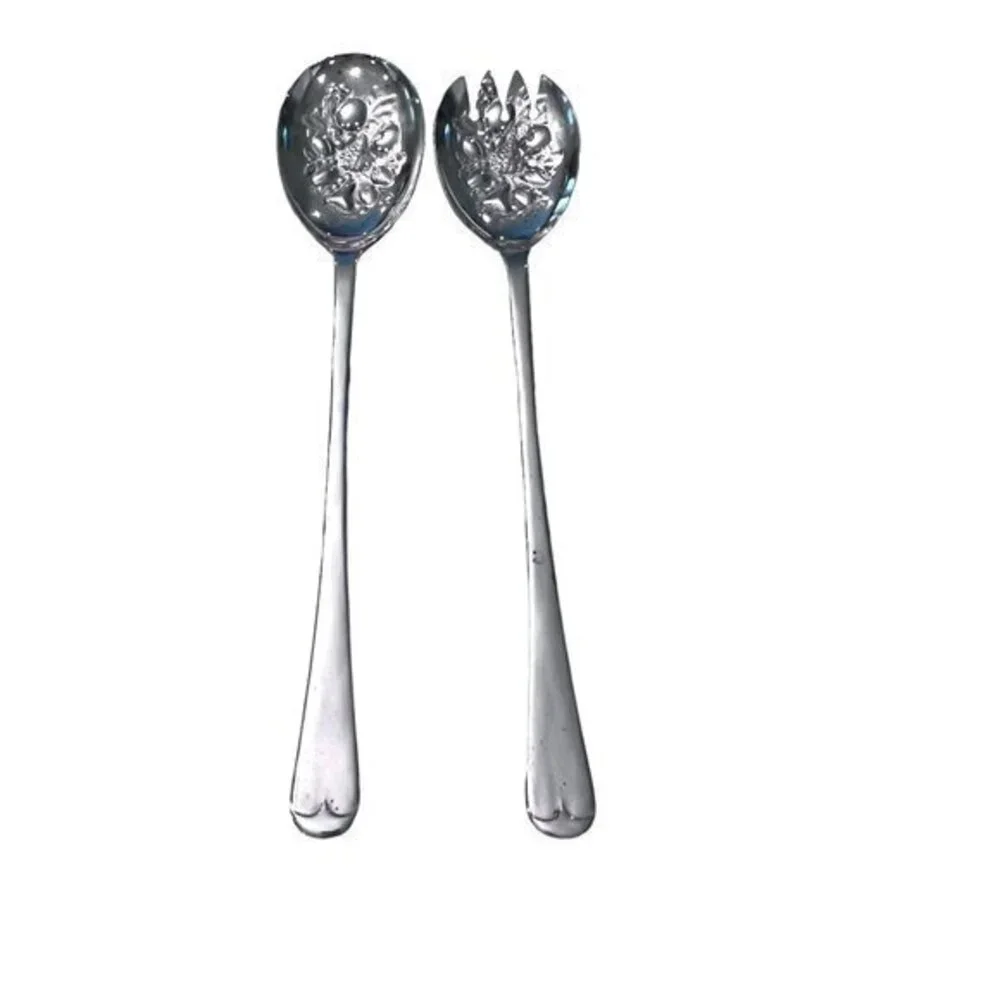 Vintage Sheffield England Embossed Silver Plate Salad Serving Fork & Spoon 9.5